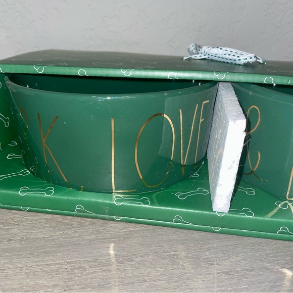 Rae Dunn Set of 2 Pet Bowls: BARK, LOVE & BELLY RUB Green with Gold lettering - Picture 3 of 7